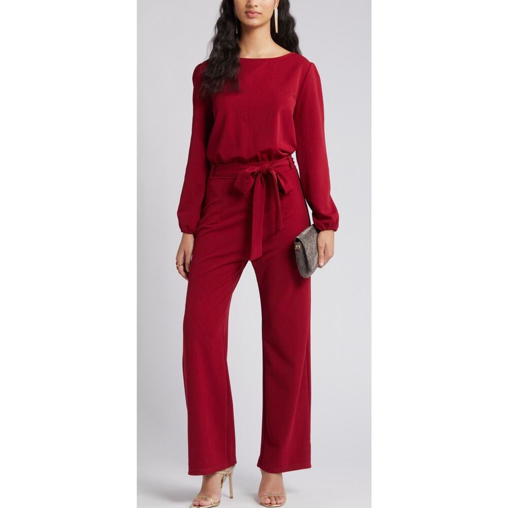 Nikki Lund Joy Burgandy Long Sleeve Tie Waist Jumpsuit Large NWOT